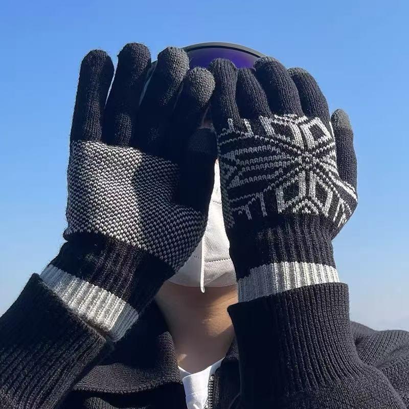 Winter Fashion Warm Men's Gloves Fleece Thickened Wool Knitted Cycling Windproof and Cold-proof Gloves