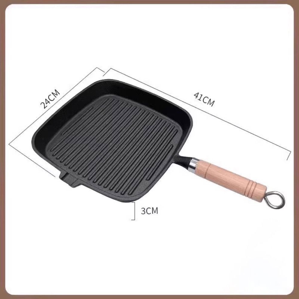 Sartén de Hierro Fundido para Bistec Mango de Madera Olla para Freír Bistec Sartén Antiadherente Premium Interior