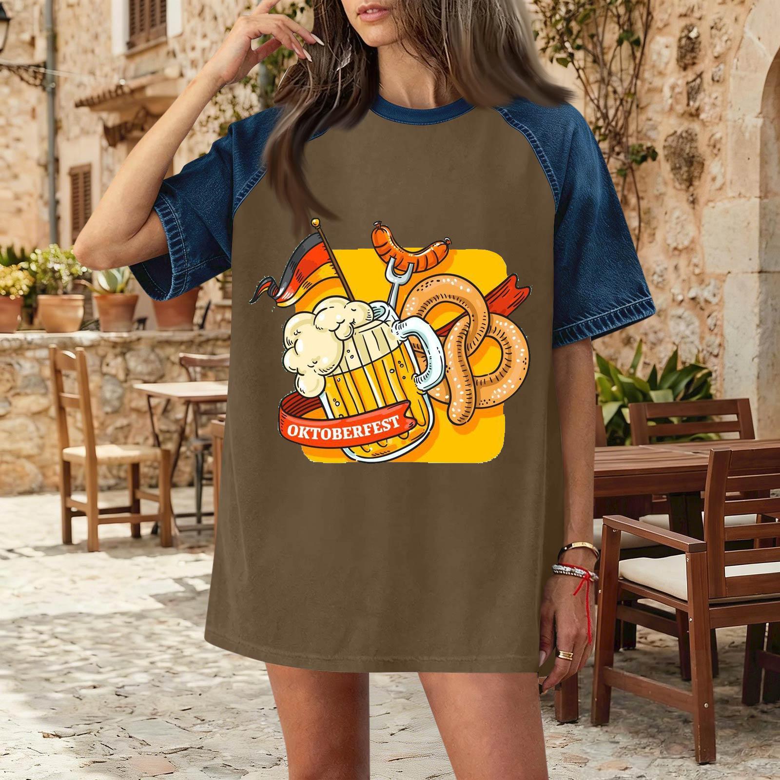 

Women s Casual Denim Patchwork Oktoberfest Print Short Sleeve T Shirt Comfortable Loose Fit Tee Top for Daily Wear XL