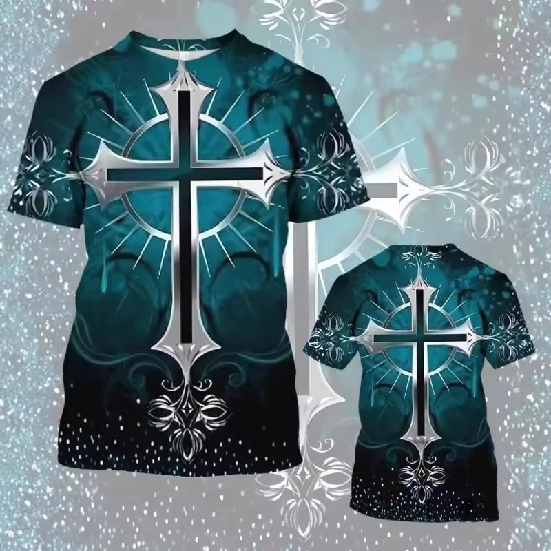 Colorful Cross Wings Pattern T Shirt Men Cool Skull 3D Printed Short Sleeve Tops Summer Casual Round Neck Loose Tee Shirts