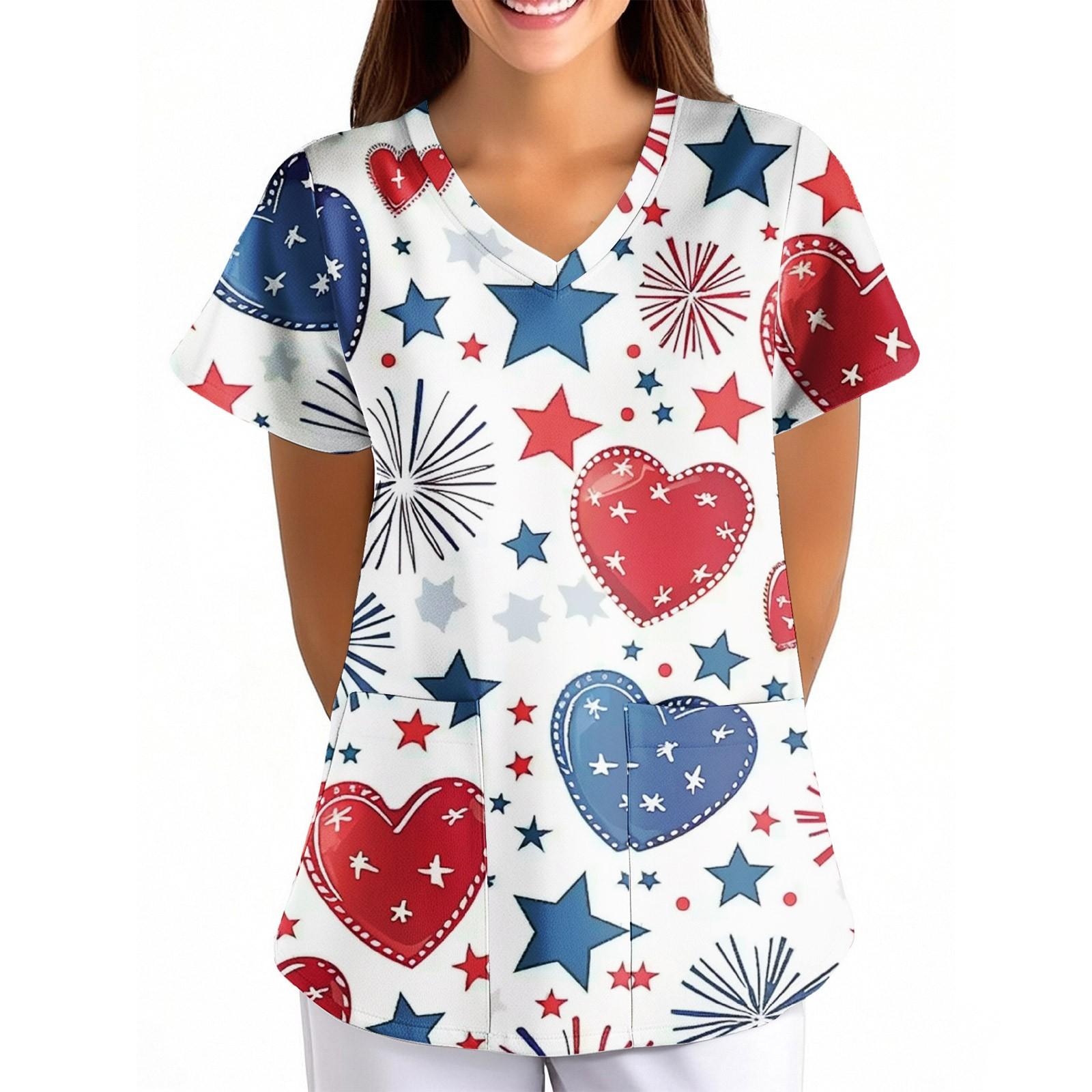 

Женская униформа с принтом Дня независимости, свободная, с V-образным вырезом, карманом и коротким рукавом XXL