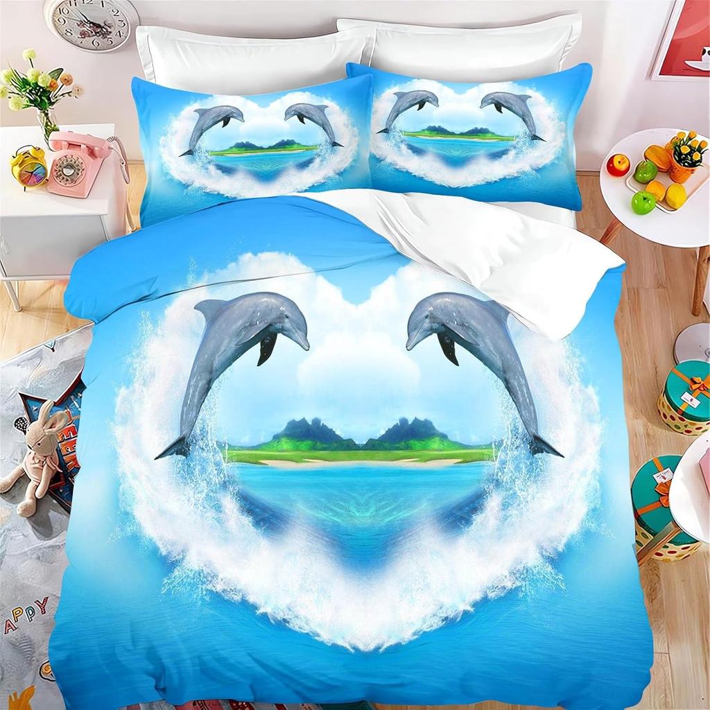 3D Dolphin Duvet Cover Set, Underwater World Duvet Cover and Pillowcase, Dolphin, Tropical Fish, Coral Ocean Bedding Set