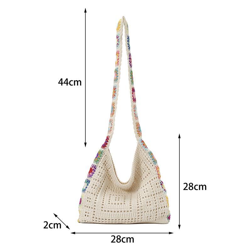 Summer Large Capacity Boho Tote Bag Floral Crochet Handbag Vintage Multicolor Cut-Out Knitted Fashionable Hollow Out Handbag