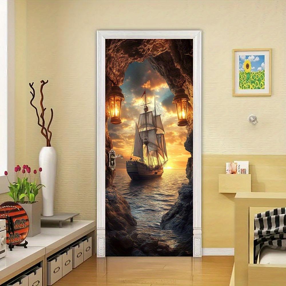 1/2pc Ocean Wall Mural Door Sticker - Removable Self-Adhesive PVC Door Sticker with Sunset and Sailing Scene, Cartoon Theme Home Decor
