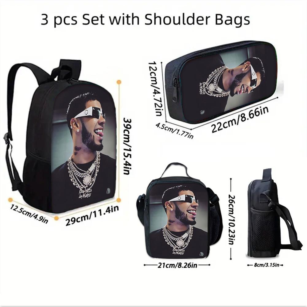 Fashion Hot Rapper Anuel AA Child School Backpack with Lunch Bags ,Pencil Bags ,School Bags for Boys Girls Best Gift