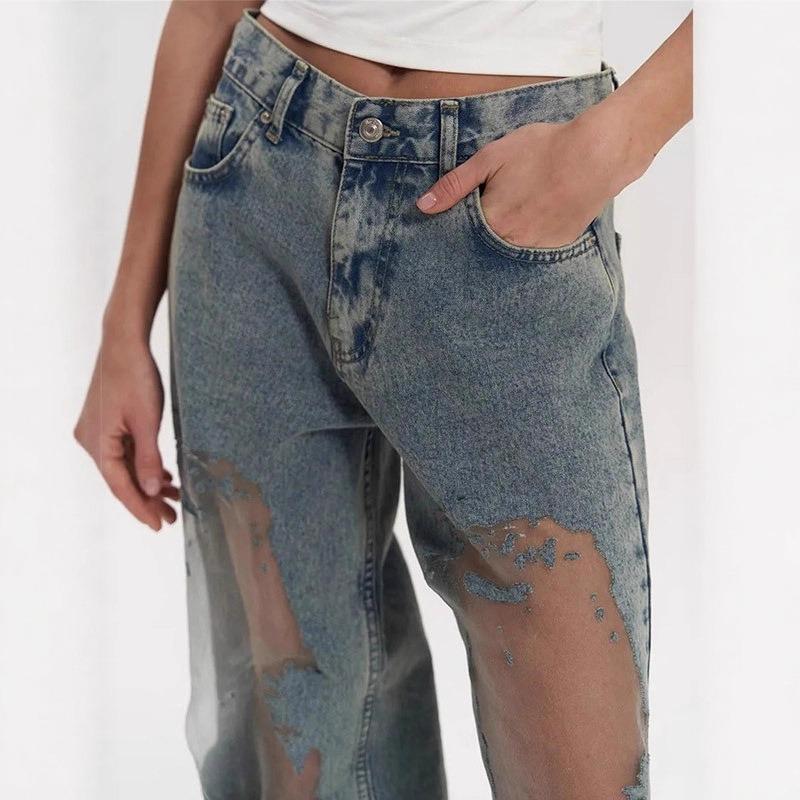 Damen Y2k Amerikanischer Stil Ausgeschnitten Patchwork Locker Gerade Jeans Lang Hosen
