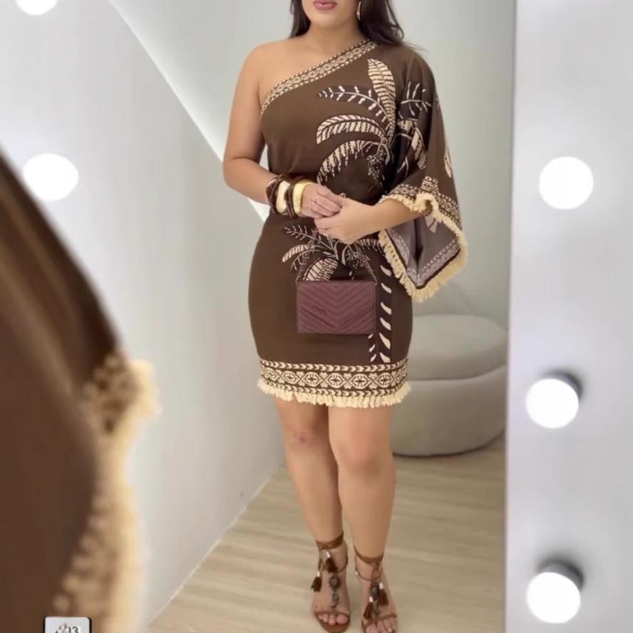 YYFS Women's Fashion Summer Spring Flower Pattern Print 3/4 Sleeves Oblique Collar Loose Waistline Casual Dresses