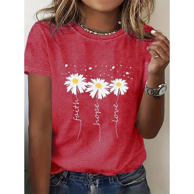 Women's Elegant T-shirt Fashion Flower Print Loose Round Neck Top Gradient Casual Comfortable Short Sleeve Women's Party T-shirt
