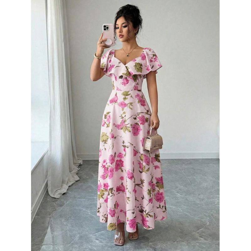 Europe, America 2026 Summer New Temperament Fashionable Ruffle Edge A Word Floral Elegant Dress Women