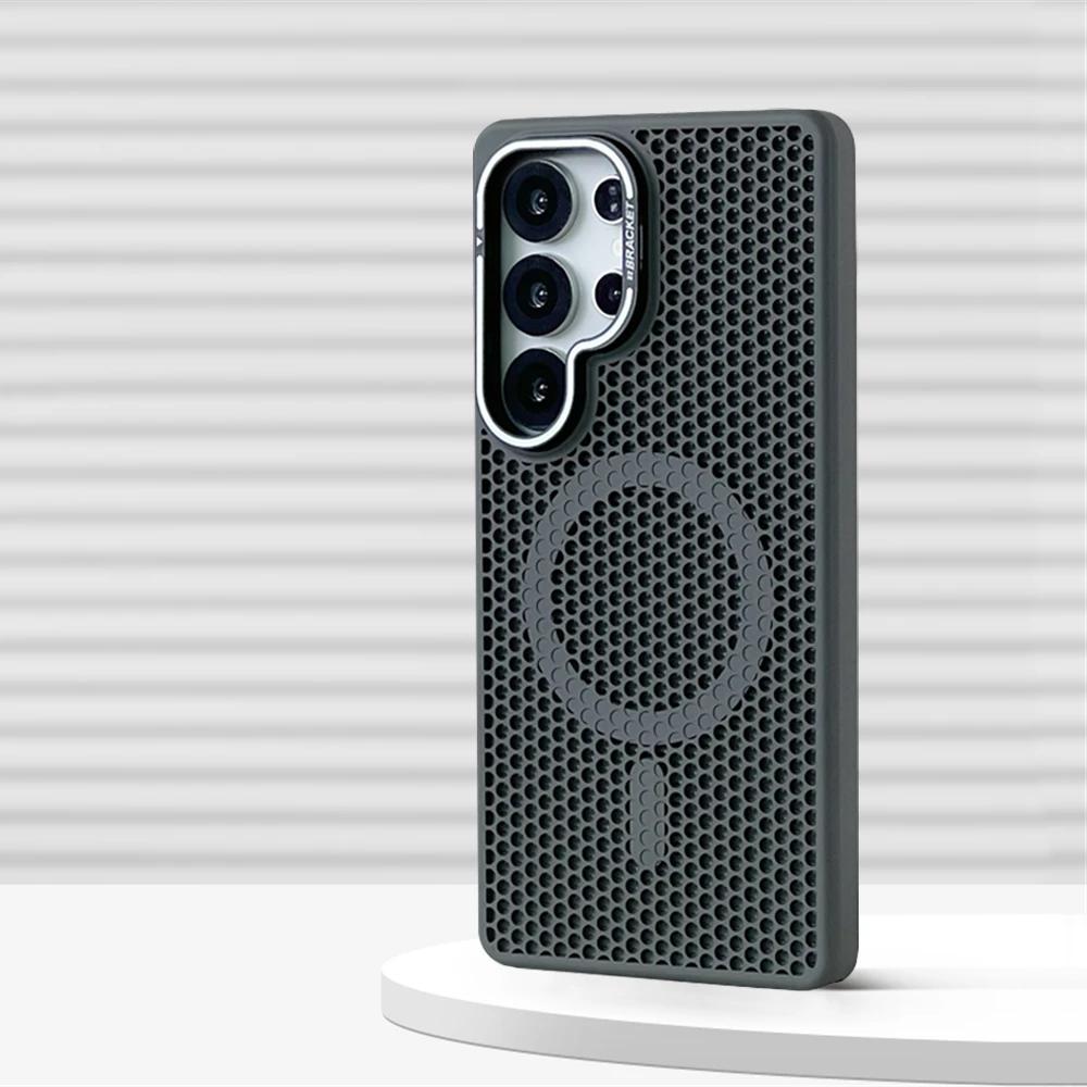 

Магнитный чехол-бампер с сотовой сеткой для охлаждения для Samsung Galaxy S25 Ultra S24 S23 Plus, Алюминиевый держатель для объектива, Чехол для беспроводной зарядки For Samsung S23