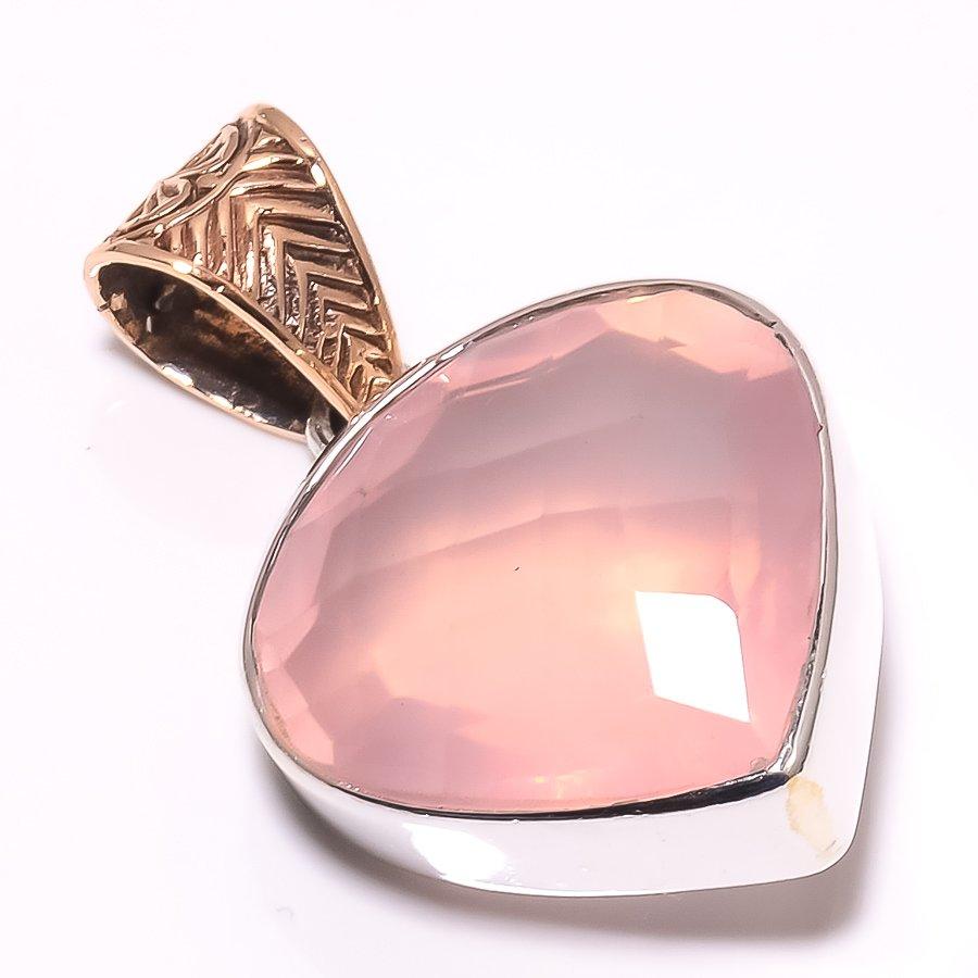 Natural Rose Quartz Gemstone 925 Sterling Silver Two Tone Pendant 1.65" n7I04