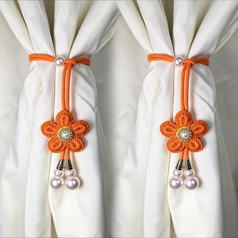 2Pcs Fashion Pearl Color Adjustable Floral Decorative Curtain with Faux Pearl, Butterfly Strap and Elegant Decorative Rope