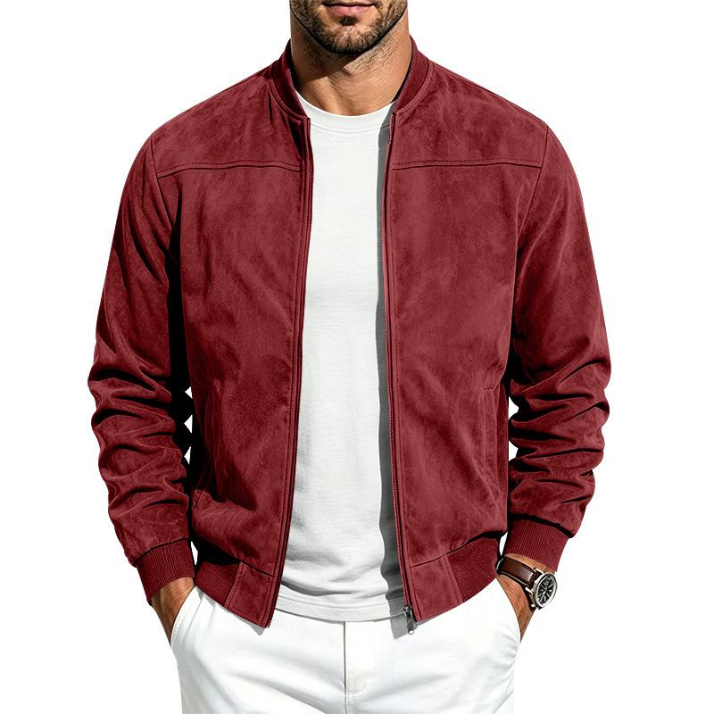 Men Faux Suede Bomber Jacket Zip‑Up Baseball Collar Casual Long Sleeve Outerwear Lightweight Fall Pilot Coat