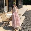 New French Sweet Pink Sleeveless Floral Dress for Children's Summer Seaside Vacation Style Waist Dress