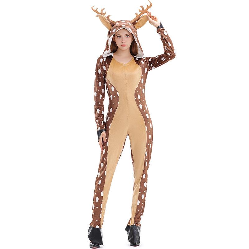 Adult Women Animals Sika Deer Elk Christmas Reindeer Velvet Hooded Jumpsuit New Year Halloween Role Play Dress Up Cosplay Costume