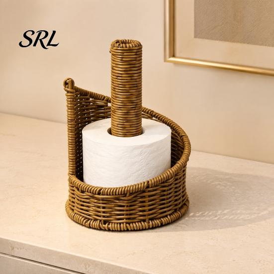 Upright Paper Roll Dispenser Imitation Rattan Toilet Holder, Round Woven Towel Dispenser, Brown Plastic Stand Boho Tissue Organizer for Bathroom