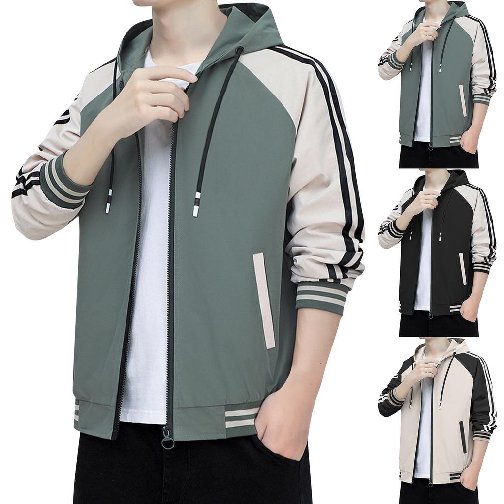 Men's Trendy Colorblock Hooded Zipper Jacket Casual Sports Long Sleeved Coat