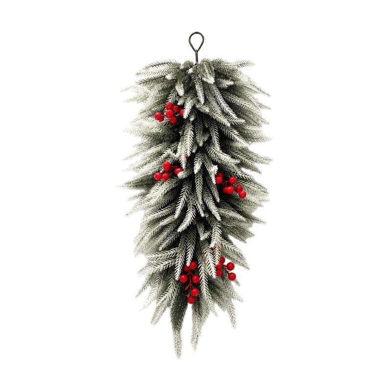 Christmas Teardrop Swag Artificial Flocked Pine Hanging Garland With Red Berries For Xmas Front Door Wall Holiday Decor