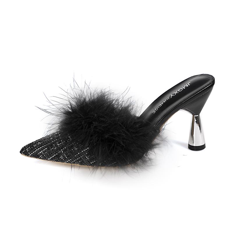 Fashion Women's Baotou Slippers Winter New Pointed Cloth Plus Plush Anti-slip Wear-resistant Slip-on High Heels