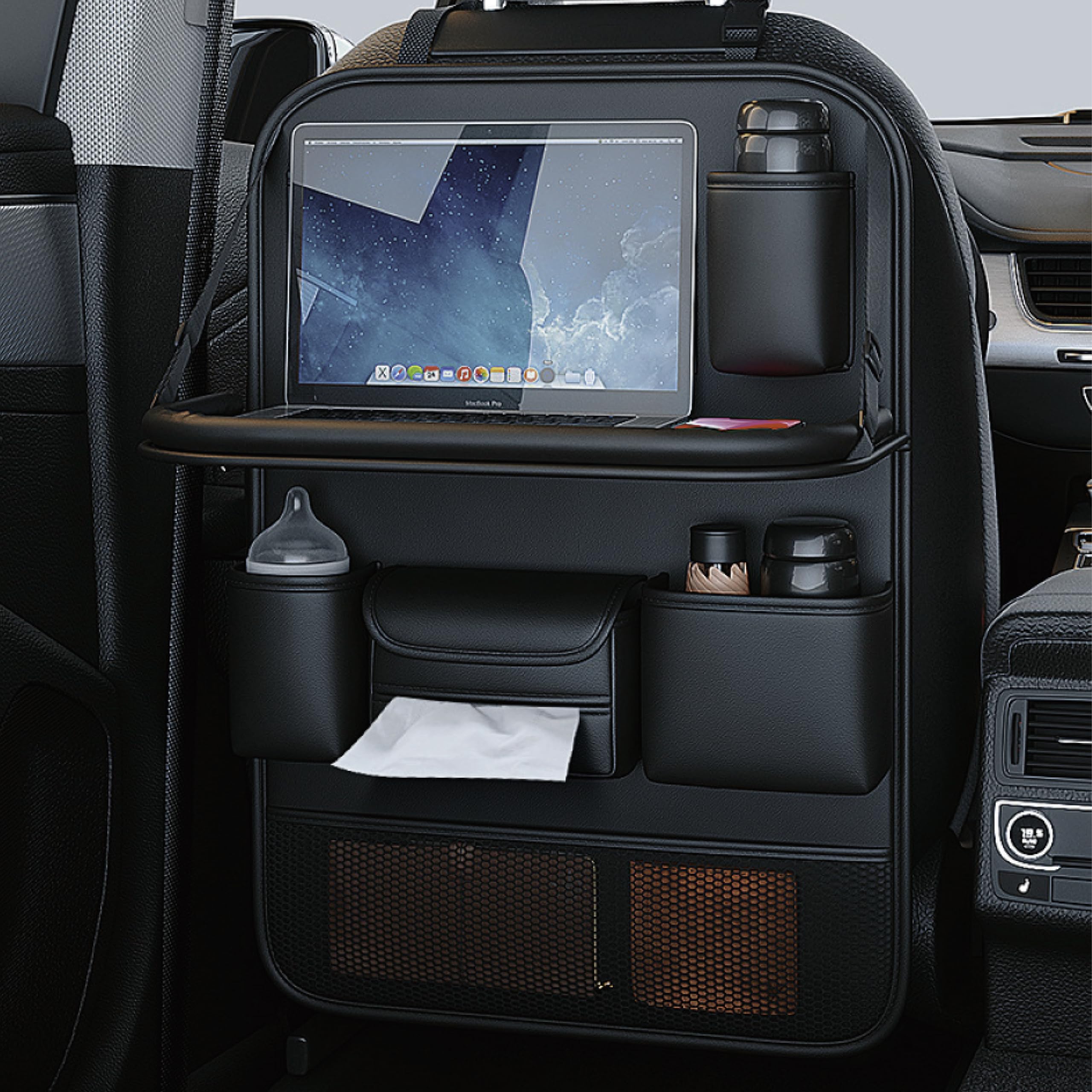 

Benrii Seatback Folding Rear Seat Car Storage Large Faux Black Pocket, Table, Storage, Pocket, iPad/PC Storage, Waterproof, Capacity, Leather,