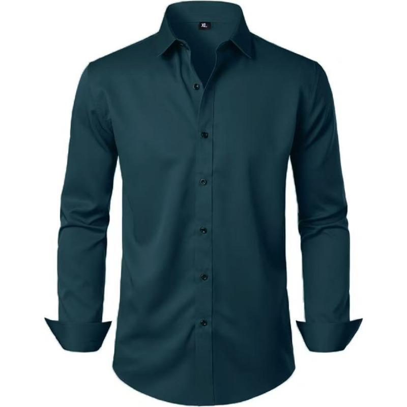 Men's Long Sleeve Solid Color Shirt, 4-Way Stretch, Natural Color Button, Slim Fit, Wrinkle Free, Business Casual Dress Shirt