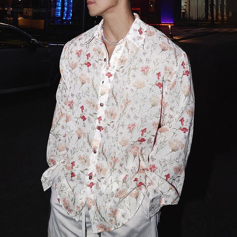 INCERUN Mens Oversized Long Sleeve Button Down Hollow Out Floral Print Casual Loose Shirts