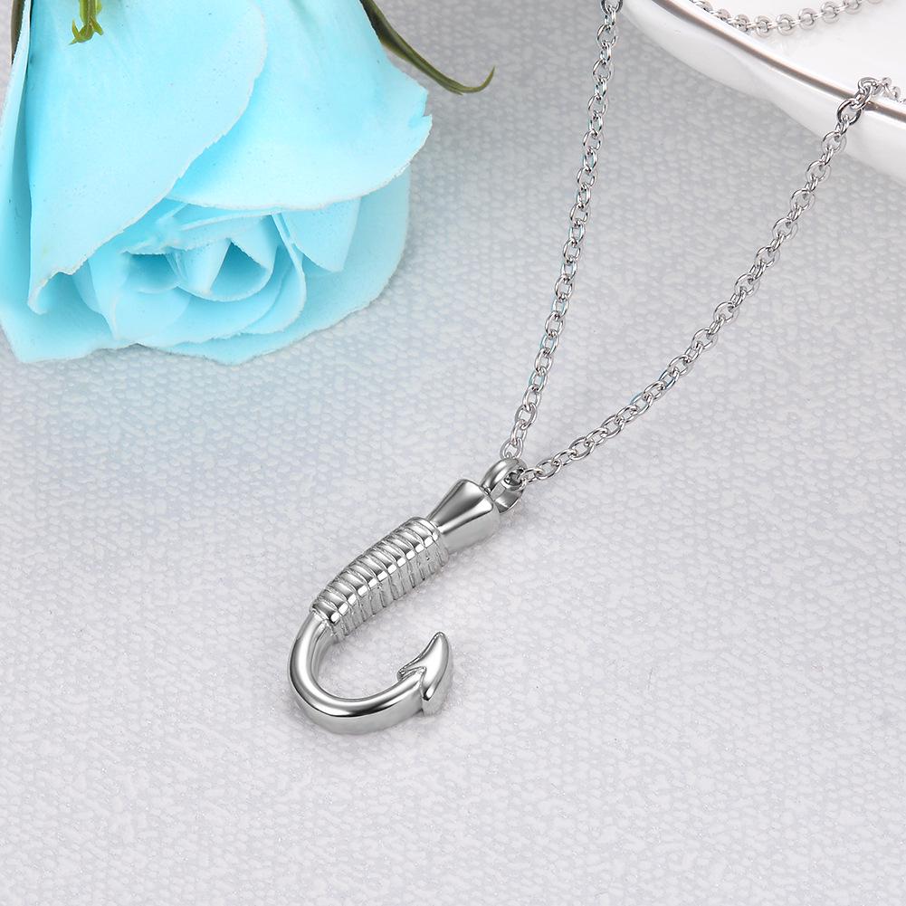 Stainless Steel Fish Hook Memorial Ashes Necklace Pendant Perfume Bottle