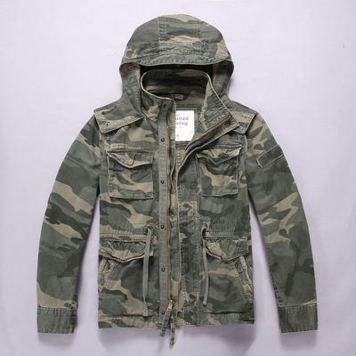 Amekaji Men's Hooded Camouflage Mid-Length Jacket with Multi-Pockets