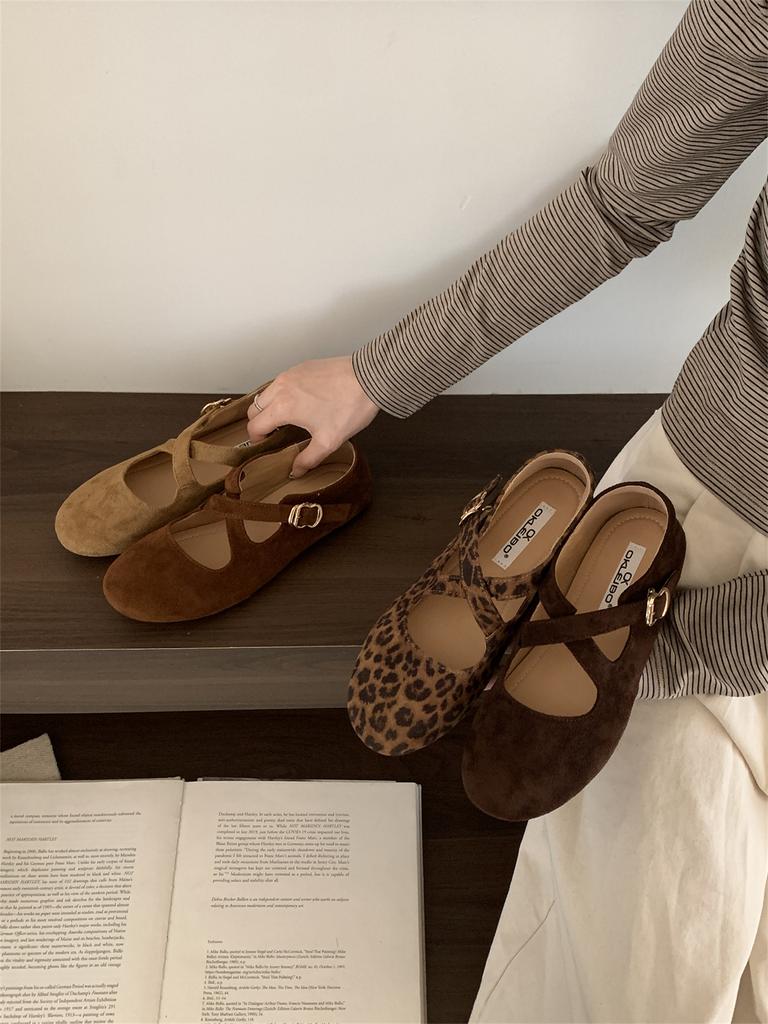 Flat Mary Jane Shoes Women's Shoes Spring and Autumn 2025 New Niche Leopard Print Cross Buckle with Round Head Retro Single Shoes