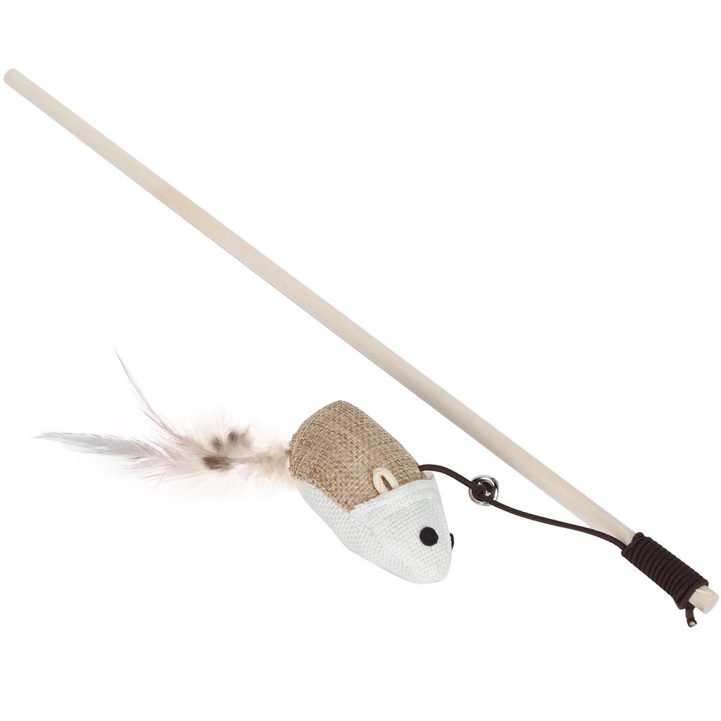 Wooden Cat Funny Stick Wand Pet Teaser Mice Toys with Crisp Bell Feather and Linen Mouse