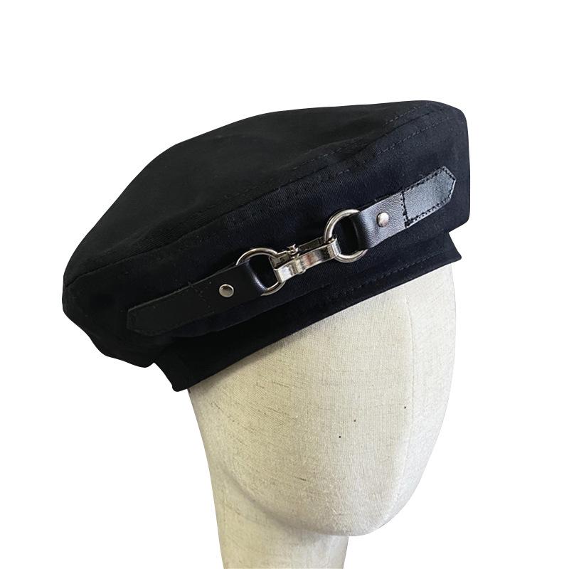Hat women's new leather buckle design windproof beret metal warm painter hat navy hat octagonal hat