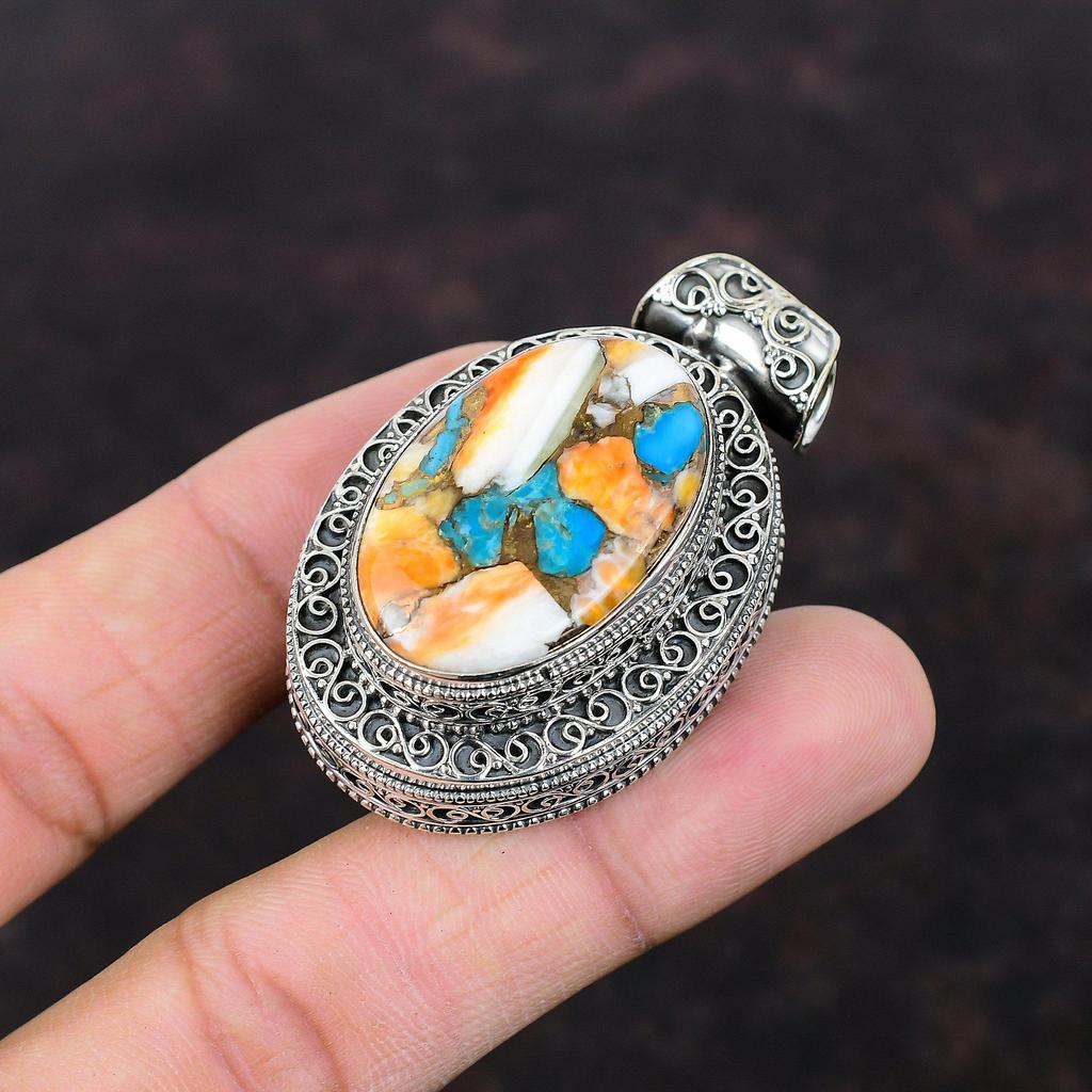 Spiny Oyster cobre turquesa colgante original piedra preciosa colgante 925 plata de ley colgante joyería vintage hecho a mano colgante regalo para las mujeres