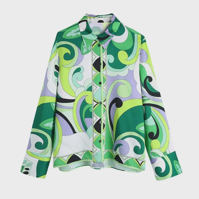 Spring 2022 European & American Style Women's Green Print Shirt & Skirt Set