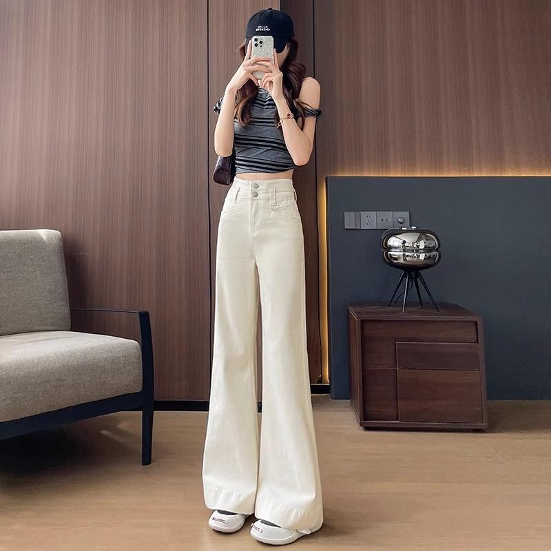 Womens Beige Wide-Leg Flare Jeans High-Waisted Loose Fit Streetwear Denim Pants Casual Chic