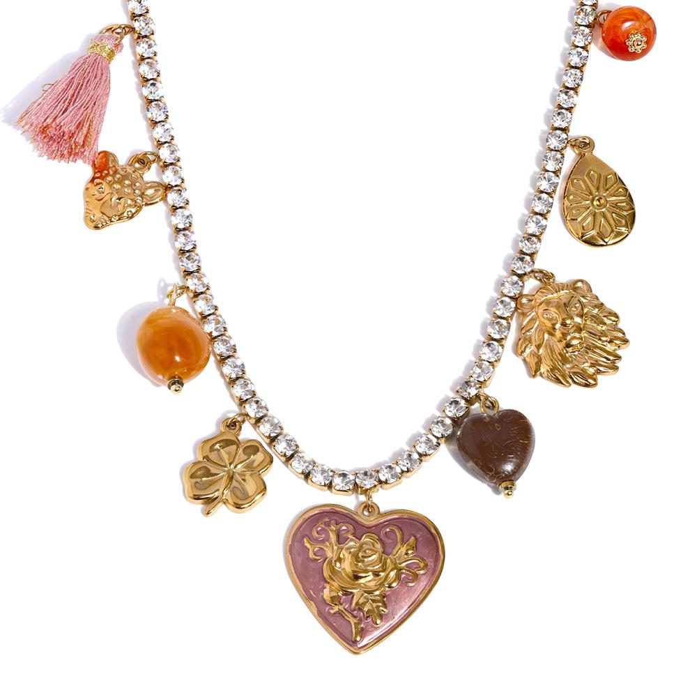 Yhpup Shiny Cubic Zirconia Chain Acrylic Enamel Heart Flower Charm Pendant Necklace Waterproof Stainless Steel Exquisite Jewelry