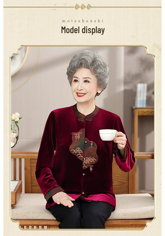 Stylish Long-Sleeve Tang Suit Shirt for Middle-Aged & Elderly Women