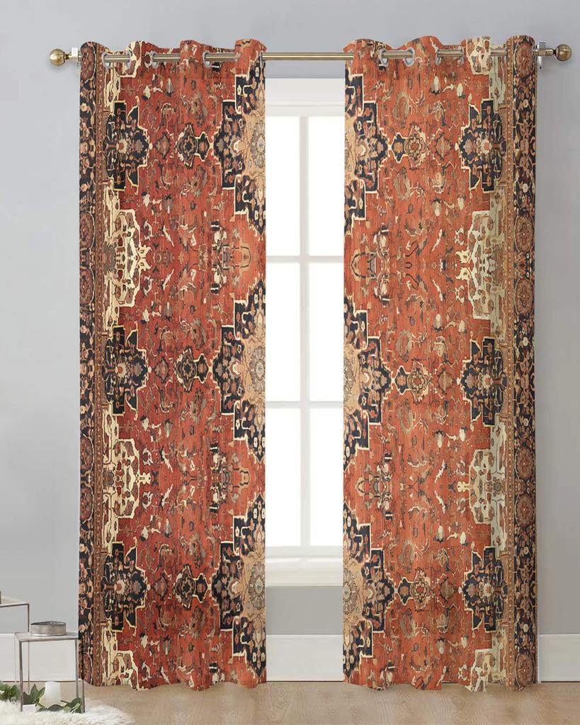 Retro Medieval Turkish Pattern Tulle Curtains For Living Room Kitchen Decoration Chiffon Window Treatments Voile Sheer Curtain