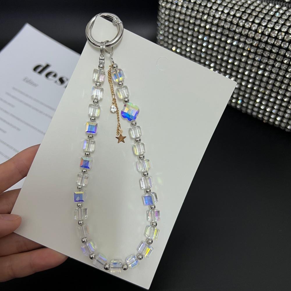 Luksusowy Błyszczący Kryształowy Frędzel Gwiazda Przezroczyste Koraliki Łańcuszek Ręczny Krótka Smycz na Nadgarstek Z Klipsem Etui na Telefon Komórkowy Breloczek Łańcuszek