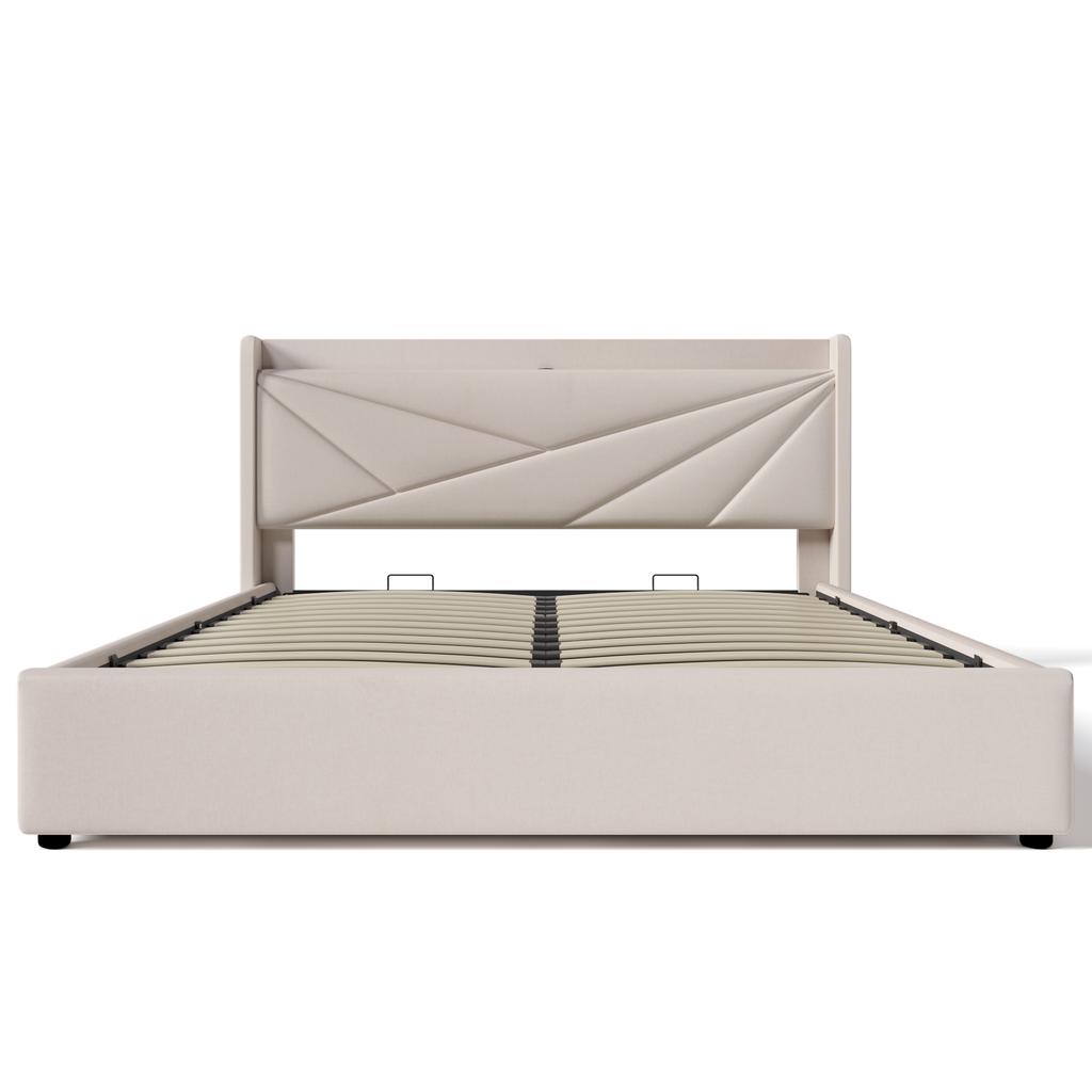 (=821415AAB) Upholstered Double Bed with Storage, USB Type C Charging Headboard, Linen Bed Frame, Youth Bed 180x200, Slatted Frame (Without Mattress)