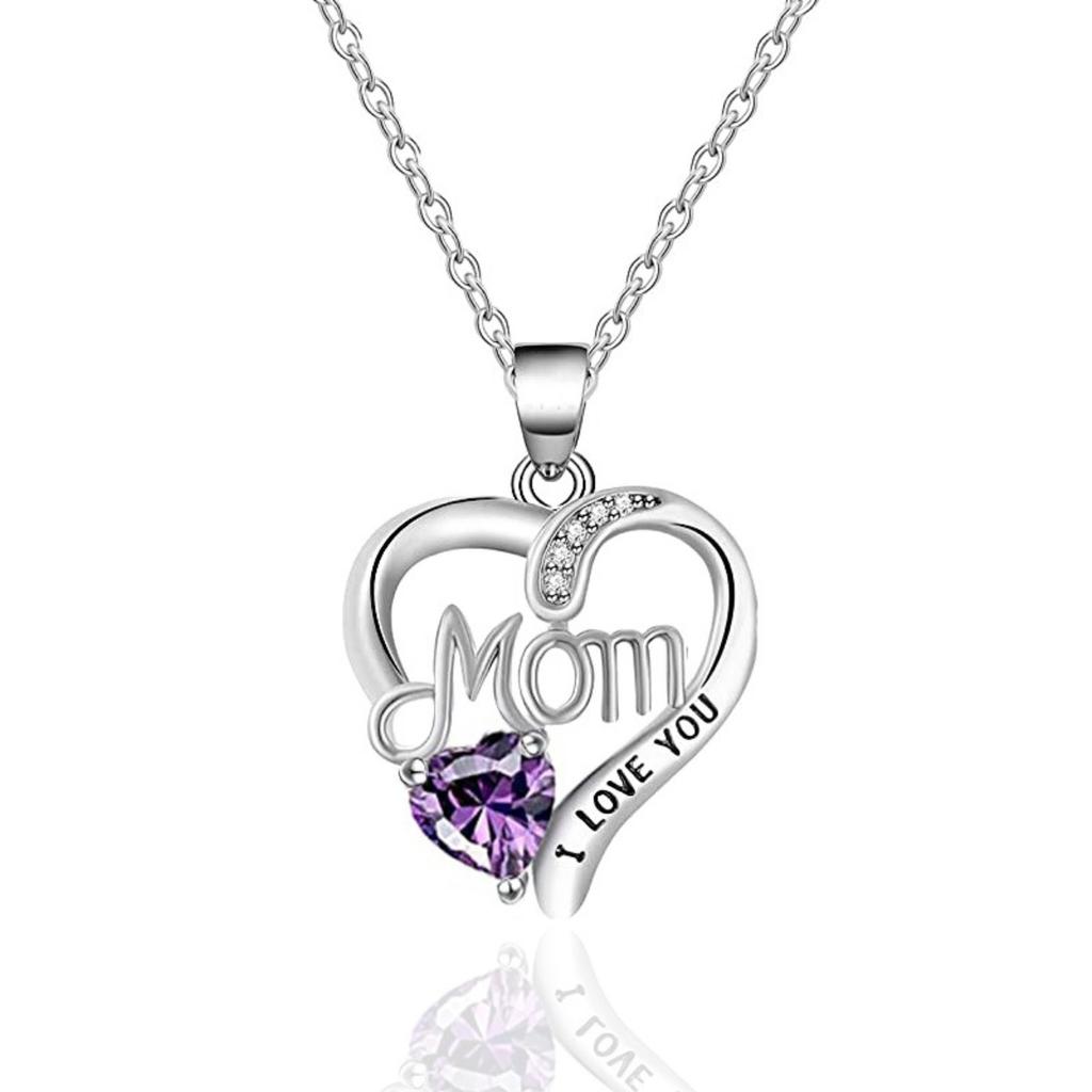 Open Heart Mom Letter Engraved I Love You Heart Stone Pendant Thin Link Chain Mother Gift Neck Jewelry