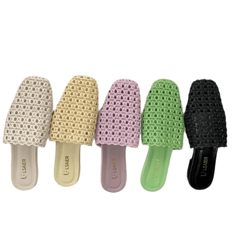 Fashion Slippers Casual Shoes Low Slides Fretwork Heels Slipers Women Luxury Soft Flat Summer 2025 Leisure Fashion Fabric Rubber PU
