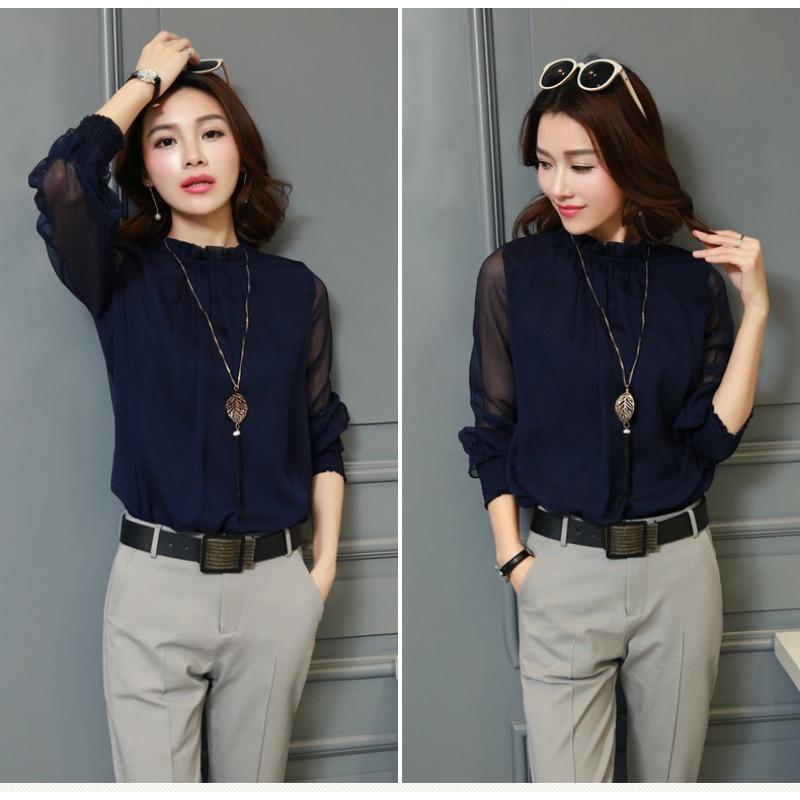 Spring New Lace Chiffon Shirt Women's Mesh Ruffled Stand Collar Long Sleeve Shirt Top
