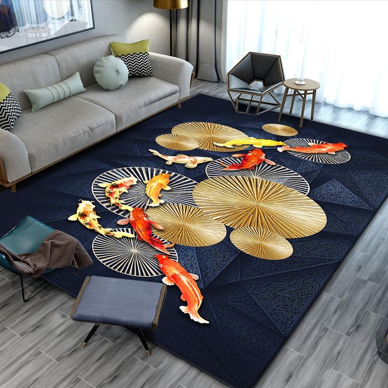 Retro Chinese Style Lotus Leaf Koi Fish Carpet Living Room Sofa Bedroom Bedside Study Entrance Door Rug Non-slip Home Decor Mat