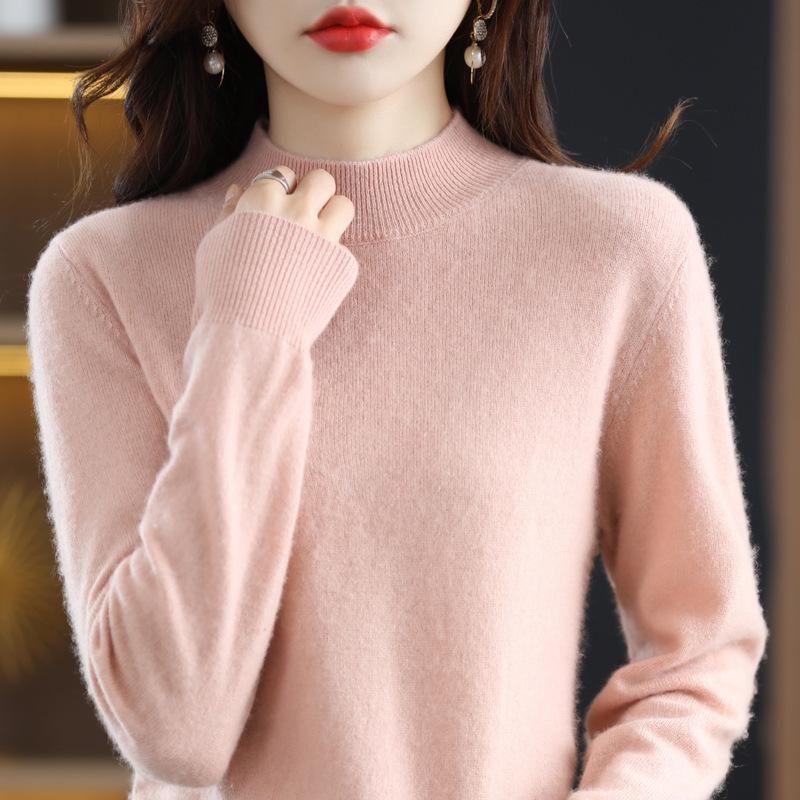 Women's 100% Wool Seamless Pullover Sweater: Autumn/Winter Half-High Neck Base Layer