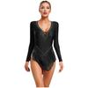 Womens Performance Bodysuit Deep V Neckline Long Sleeve Backless Style Glittery Rhinestones Fringe Dance Leotard