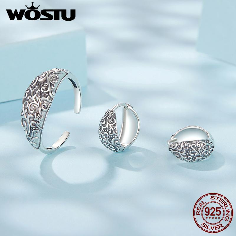 WOSTU 925 Sterling Silver Vintage Flower Pattern Wide Opening Ring For Women Mother's Day Gift Wedding Party Accessory Anillos