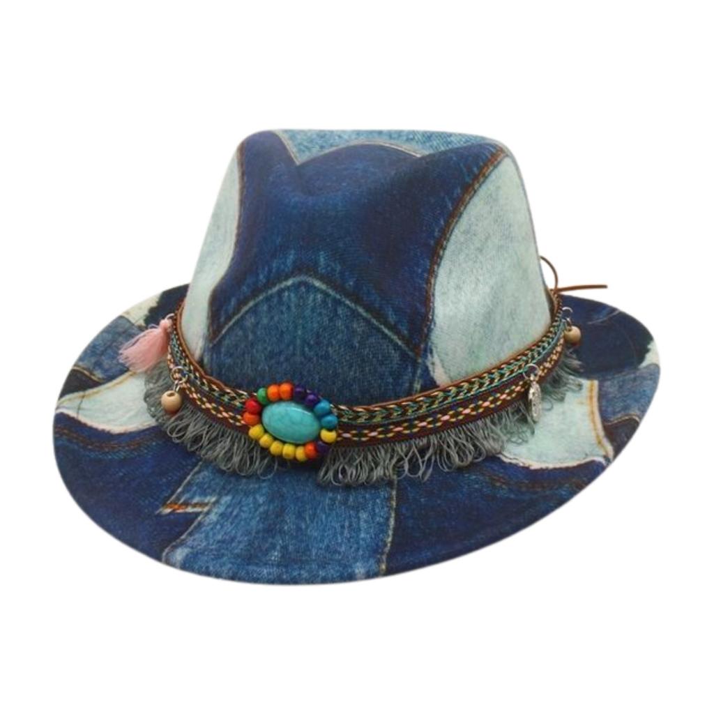 Premium Jazz Hat Vacation Ethnic Style Top Hat Children'S Accessories Retro Western Denim Splicing Top Hat