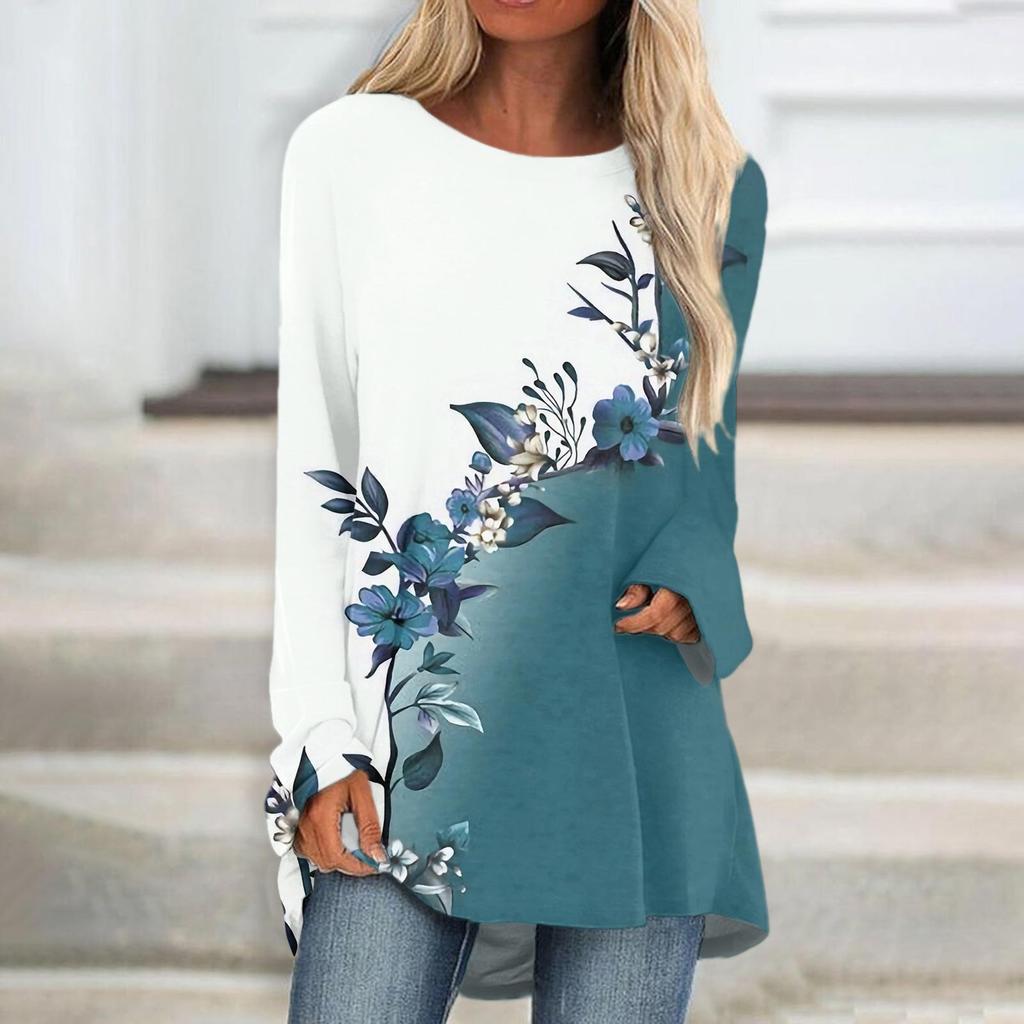 Women's T-shirt Flower Fashion Casual Print Long-sleeved Round Neck Mid-length Top