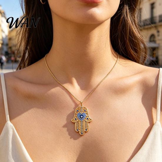 Scratch Resistant Necklace Devil Eye Vintage Chain with Hamsa Hand Pendant Rhinestone Palm Jewelry Gifts for Women Wife Girlfriend Anti-Oxidation