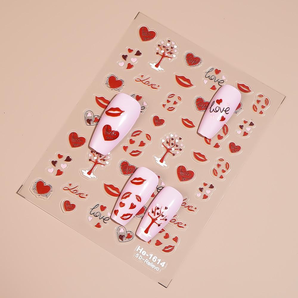 Redanco 5D Valentine's Day Fiery Red Lips Embossed Nail Stickers - He1616